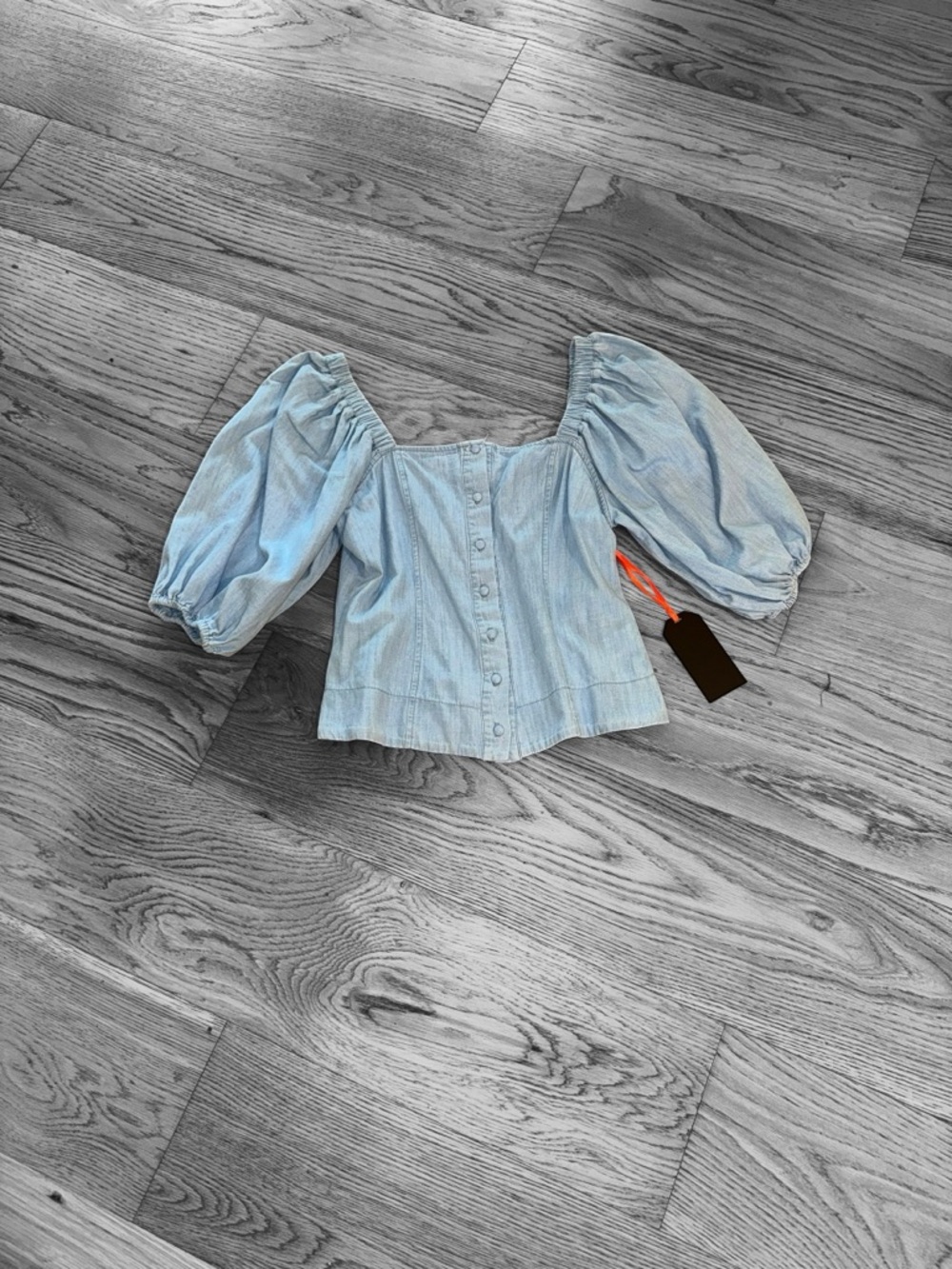Light Blue Puff-Sleeve Button Front Women's Blouse